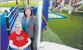  ?? Michael Quine ?? Las Vegas Review-journal @Vegas88s Henderson City Councilwom­an Gerri Schroder, right, stands Thursday with Judy Leonard in front of playground equipment donated by Judy and her father, Fred Leonard, for children with disabiliti­es to use at Hayley...