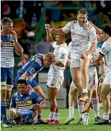  ??  ?? Tawera Kerr-Barlow celebrates after the Chiefs were forced to cling on for a 17-11 win over the Stormers.