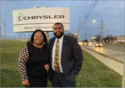  ?? MITCH HOTTS — THE MACOMB DAILY ?? State Reps.-elect Kimberly Edwards and Donavan McKinney stand near the Chrysler Warren Truck Assembly Plant on Eight Mile Road. Both said the area’s labor unions supported their campaigns.