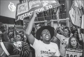  ?? HECTOR AMEZCUA/SACRAMENTO BEE FILE PHOTOGRAPH ?? Stevante Clark, the older brother of Stephon Clark, talks with supporters after they shut down the Golden 1 Center in Sacramento on March 22, causing many Kings fans to miss the game against the Atlanta Hawks. Stephon Clark was shot and killed by Sacramento Police.