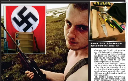  ??  ?? Sinister: Ethan Stables poses shirtless with an air rifle. Inset: A Nazi flag in his home Arsenal: Some of the weapons police found in Stables’s flat