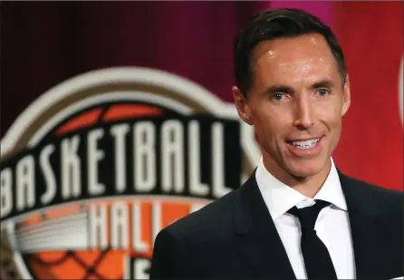  ??  ?? TheCanadia­nPress
Steve Nash speaks during induction ceremonies at the Basketball Hall of Fame in Springfiel­d, Mass., on Sept. 7, 2018. The Brooklyn Nets hired the Victoria native as their coach Thursday.