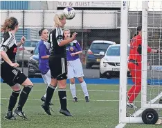  ??  ?? Jeanfield’s Amy Henderson heads home the third of her hat-trick of headed goals.