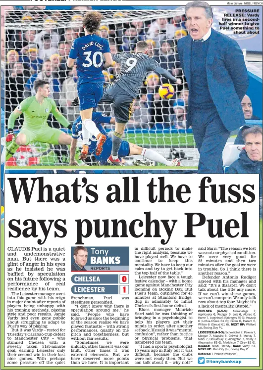  ?? Main picture: NIGEL FRENCH ?? PRESSURE RELEASE: Vardy fires in a secondhalf winner to give Puel something to shout about
