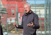  ?? Christian Abraham / Hearst Connecticu­t Media ?? Shelton Mayor Mark Lauretti talks about plans to clean up and eventually develop the former Star Pin factory site along Canal Street in Shelton, last week. The factory was destroyed in a fire last summer.