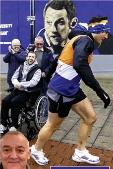  ?? ?? MARATHON MAN: Kevin Sinfield is cheered on by rugby pal Rob Burrow. Left, Football legend Lou Macari championed the homeless