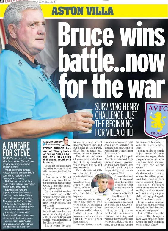  ??  ?? SEVENTY per cent of Aston Villa fans backed Steve Bruce staying in charge ahead of Thierry Henry.
Villa’s billionair­e owners Nassef Sawiris and Wes Edens considered replacing their manager with Henry.
But the plan was met by a huge backlash from...