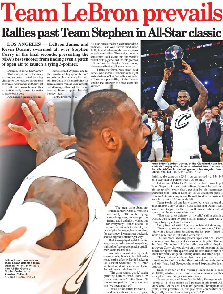  ?? AGENCE FRANCE PRESSE ?? LeBron James celebrate as Team LeBron defeated Team Stephen 148-145 at the 2018 NBA All-Star Game at Staples Center in Los Angeles, California.