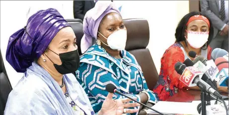  ??  ?? Deputy Secretary- General, United Nations, Mrs. Amina Mohammed ( left); Minister of Women Affairs, Dame Pauline Tallen and Permanent Secretary of the ministry, Dr. Anthonia Ekpa during Mohammed’s visit to the ministry in Abuja… yesterday PHOTO: NAN