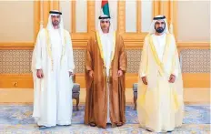  ?? WAM ?? ■ Shaikh Mohammad Bin Rashid and Shaikh Mohammad Bin Zayed with Abdullah Bin Sultan Bin Awad Al Nuaimi, Minister of Justice, during the swearing-in ceremony yesterday.