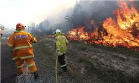  ?? Photograph: Reuters ?? Firefighte­rs battle bushfires near Angourie in northern NSW on Tuesday. Milder conditions are expected on Wednesday, offering a reprieve to exhausted emergency workers
battling NSW and Qld fires.