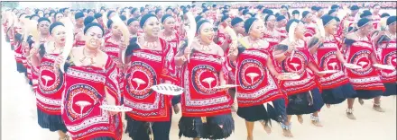  ?? ?? Lutsango regiment dancing to the popular song ‘lonyaka batawvuma bayekeleni’ at the first leg of Marula Festival at Buhleni Royal Residence.