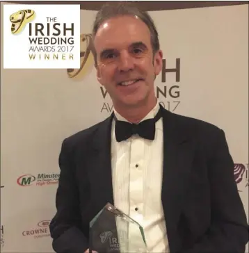  ??  ?? North East Marquees were voted best Marquee Wedding Company for the last two years in a row. Ciaran is pictured receiving an award at the Irish Wedding Awards which was held in the Crowne Plaza Airport Hotel in January 2018. North East Marquees /Marquee Weddings in Ireland won overall Wedding Specialist Supplier of the Year 2017.