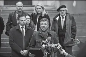 ?? CLOE POISSON/THE COURANT VIA AP ?? Ian Hockley, father of Dylan Hockley, one of the children killed in the 2012 Sandy Hook shooting, addresses the media Tuesday after a hearing before the state Supreme Court in Hartford.