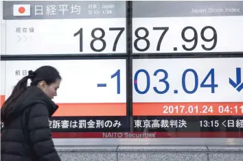  ?? — AFP ?? A pedestrian walks past a quotation board flashing numbers of the Nikkei key index of the Tokyo Stock Exchange.