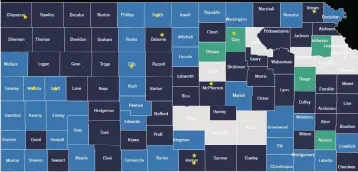  ?? Kansas Commerce screenshot ?? This screenshot shows an interactiv­e map offered by the state of Kansas’ Rural Opportunit­y Zones (ROZ) program. The gray counties are not participan­ts, and the stars indicate city or foundation sponsors.