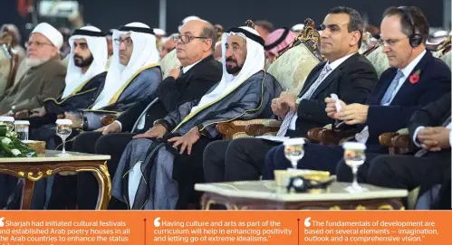  ??  ?? Sheikh Sultan along with other dignitarie­s during the panel discussion on Culture and Developmen­t at the Sharjah Internatio­nal Book Fair. —
Supplied photo