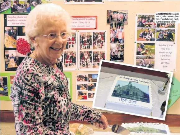  ??  ?? Celebratio­ns Maida Hood, who remembers the church being built, cut the special cake