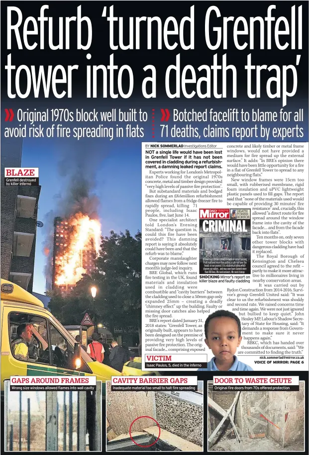  ??  ?? BLAZE Grenfell destroyed by killer inferno GAPS AROUND FRAMES Wrong size windows allowed flames into wall cavity VICTIM Isaac Paulos, 5, died in the inferno CAVITY BARRIER GAPS Inadequate material too small to halt fire spreading DOOR TO WASTE CHUTE...