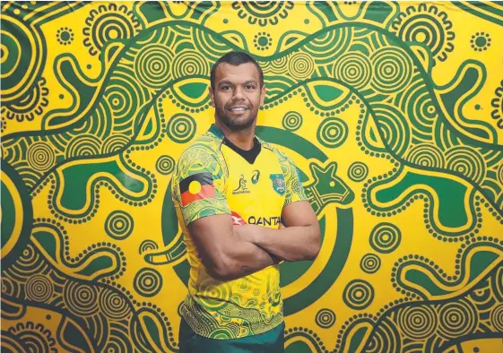  ?? Picture: BRETT COSTELLO ?? Kurtley Beale is all smiles after displaying the indigenous Wallabies jersey to be worn in the Bledisloe Cup against New Zealand in October.