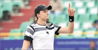  ??  ?? Jozef Kovalik, ranked 117 in the world, celebrates after beating world No. 6 Marin Cilic at the Chennai Open on Wednesday.