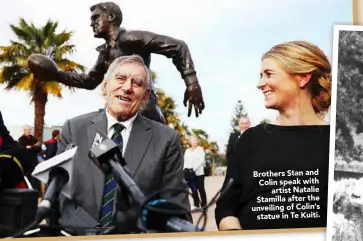  ??  ?? Brothers Stan and Colin speak with
artist Natalie Stamilla after the unveiling of Colin’s
statue in Te Kuiti.