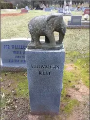  ?? Photo courtesy Becca Martin-Brown ?? Elephants mark the corners of Showmen’s Rest, a section of Mount Olivet Cemetery in Hugo, Okla., created and reserved for circus performers.