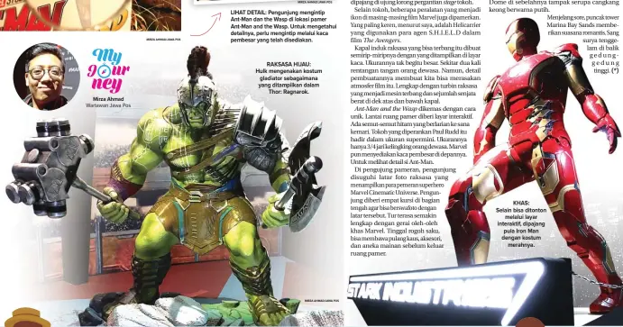  ?? MIRZA AHMAD/JAWA POS MIRZA AHMAD/JAWA POS ?? LIHAT DETAIL: Pengunjung mengintip Ant-Man dan the Wasp di lokasi pamer Ant-Man and the Wasp. Untuk mengetahui detailnya, perlu mengintip melalui kaca pembesar yang telah disediakan. RAKSASA HIJAU: Hulk mengenakan kostum gladiator sebagaiman­a yang...