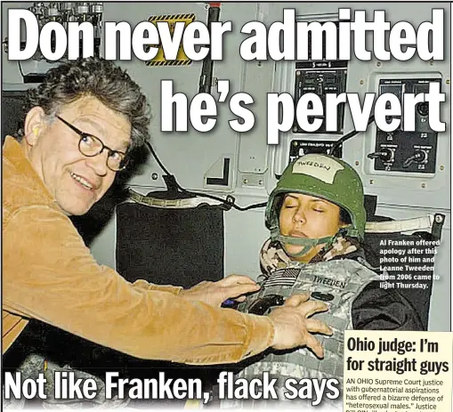  ??  ?? Al Franken offered apology after this photo of him and Leanne Tweeden from 2006 came to light Thursday.