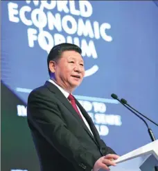  ?? LAN HONGGUANG / XINHUA ?? President Xi Jinping delivers the keynote speech at the opening of the World Economic Forum in Davos, Switzerlan­d, on Jan 17 last year.