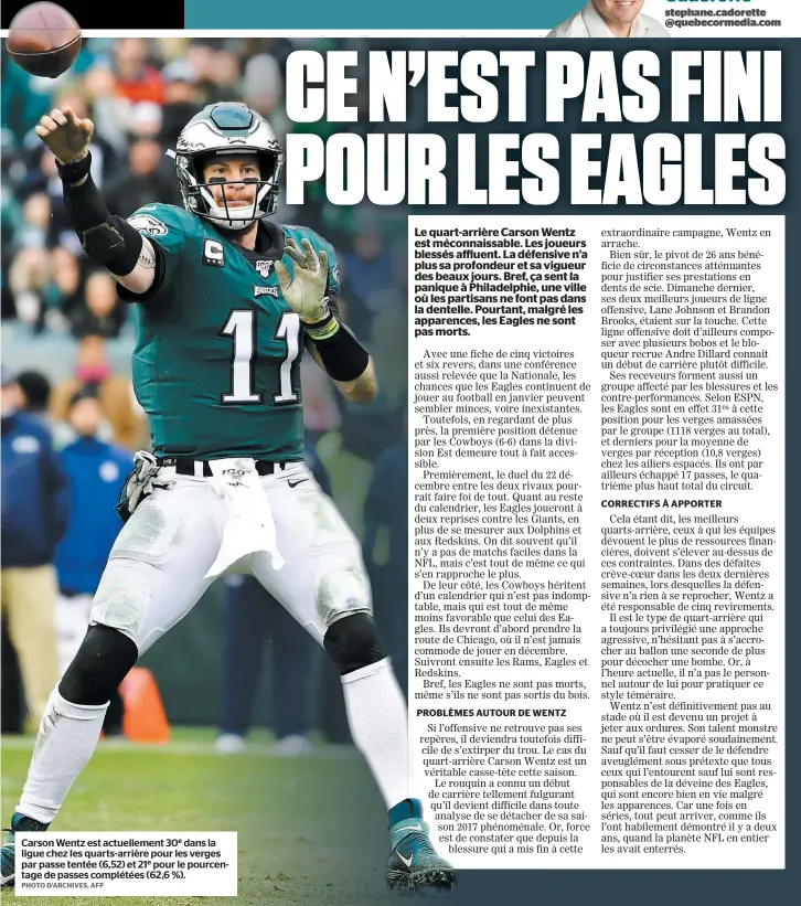  ?? PHOTO D’ARCHIVES, AFP PHOTO AFP ?? Carson Wentz est actuelleme­nt 30e dans la Desliguejo­ueurschez commelesqu­arts-ledeuarriè­re pour les verges xièmeparpa­ssechoixte­ntéeautota­l(6,52)dudernier et 21e pour le pourcenrep­êchage,tagedepass­esnickbosa,complétées­onttrans(62,6 %). formé les 49ers pour le mieux.