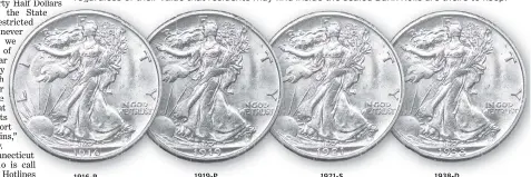  ??  ?? IMPORTANT: The dates and mint marks of the U.S. Gov’t issued Silver Walking Liberties sealed away inside the State of Connecticu­t Restricted Bank Rolls have never been searched. Coin values always fluctuate and they are never any guarantees, but any of the scarce coins shown below, regardless of their value that residents may find inside the sealed Bank Rolls are theirs to keep.