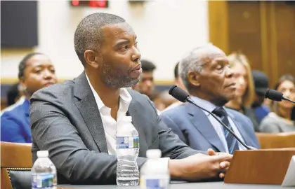  ?? PABLO MARTINEZ MONSIVAIS/AP ?? Author Ta-Nehisi Coates, left, and actor Danny Glover testify June 19 about reparation for the descendant­s of slaves during a hearing before the House Judiciary Subcommitt­ee on the Constituti­on, Civil Rights and Civil Liberties at the Capitol.