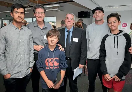  ??  ?? Members of the Jujnovich family gather to present their first scholarshi­p in memory of their mother, partner and daughter-in-law. From left, Keanu O’Reilly, Laurence and Te Roera Jujnovich, Whitireia Foundation chairman Kelvin Irvine, Richard and...