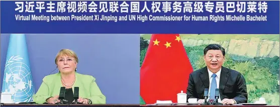  ?? YUE YUEWEI / XINHUA ?? President Xi Jinping meets on May 25 via video link from Beijing with United Nations High Commission­er for Human Rights Michelle Bachelet.