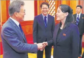  ?? AFP ?? ▪ South Korea's President Moon Jaein greets North Korean leader Kim Jong Un's sister Kim Yo Jong before their meeting at the presidenti­al Blue House in Seoul on Saturday.