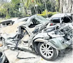  ?? PHOTO BY CARL GILCHRIST ?? The wrecked Suzuki Grand Vitara, from which two men walked away alive on Thursday, was towed to the Prospect Police Station in St Mary.