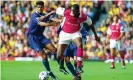  ?? Photograph: Tom Jenkins/The Guardian ?? Patrick Vieira’s physical attributes and mental fortitude were key to Arsenal’s successes during his period at the club. Here he muscles past Everton’s Abel Xavier in 1999.