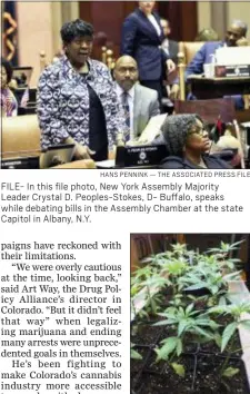  ?? HANS PENNINK — THE ASSOCIATED PRESS FILE ?? FILE- In this file photo, New York Assembly Majority Leader Crystal D. Peoples-Stokes, D- Buffalo, speaks while debating bills in the Assembly Chamber at the state Capitol in Albany, N.Y.