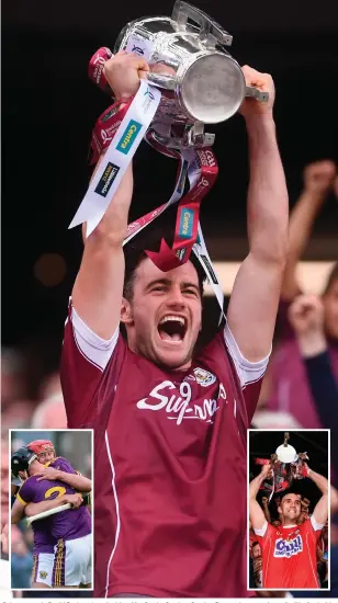  ?? SPORTSFILE ?? Galway captain David Burke raises the Liam MacCarthy Cup last Sunday. It was also a good year for Wexford with Lee Chin (inset, left) celebratin­g their Leinster SHC semi-final victory over Kilkenny, while Cork made significan­t progress with captain...