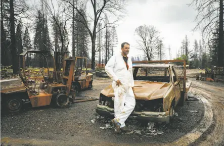  ?? Gabrielle Lurie / The Chronicle ?? Luke Bellefeuil­le takes a break while cleaning up a friend’s property destroyed in the Camp Fire in Paradise (Butte County).