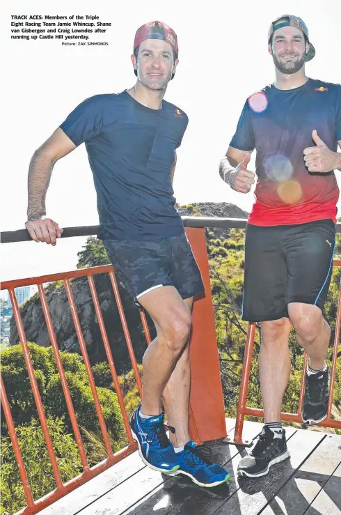  ?? Picture: ZAK SIMMONDS ?? TRACK ACES: Members of the Triple Eight Racing Team Jamie Whincup, Shane van Gisbergen and Craig Lowndes after running up Castle Hill yesterday.