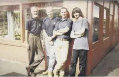  ??  ?? Former owner Val Pearson keeps his collection of hundreds of tools above Billy’s Tool Store, in Glasgow, top, which is now run by his son. Above, outside the store with shop workers