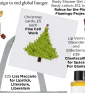  ??  ?? Christmas cards, £5each Fine CellWork £25 Lisa Maccario for Lipstick, Literature, Liberalism Rahua for the Pink Flamingo Project Lip Veil in Oleanderan­d Elderberry,£38 Chantecail­le for Space For Giants