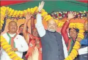  ?? ANI ?? Home minister Amit Shah during an election rally in Pakur on ■
Monday