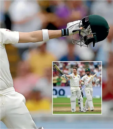  ?? GETTY IMAGES ?? Steve Smith reacts after scoring his second century of the first Ashes test against England at Edgbaston. Inset, Smith takes in the moment with batting colleague Matthew Wade.