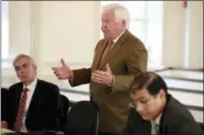  ?? DAVID MAIALETTI/THE PHILADELPH­IA INQUIRER VIA AP, POOL ?? Christophe­r C. Fallon Jr., center, who is the lawyer for Johnny Bobbitt, argues for his client during a hearing on missing funds in his case in the Olde Historic Courthouse in Mt. Holly, NJ, Wednesday, Sept. 5. McClure and D’Amico are accused of mismanagin­g the money raised for Bobbitt.