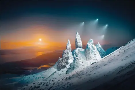  ?? ?? “Moonrise Sprites over Storr” by Liam Man shows a rock formation known as the Old Man of Storr on the Isle of Skye, Scotland, and won the Open Photograph­er of the Year prize.