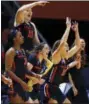  ?? WADE PAYNE — THE ASSOCIATED PRESS ?? Oregon State players celebrate a 3-point shot during the second half of the team’s second-round game against Tennessee in the NCAA women’s college basketball tournament Sunday in Knoxville, Tenn. Oregon State won 66-59.