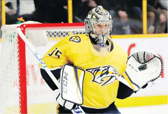  ?? MARK HUMPHREY/THE ASSOCIATED PRESS ?? Nashville Predators goaltender Pekka Rinne posted a career-high eight shutouts with the second-best save percentage of his career at .927.